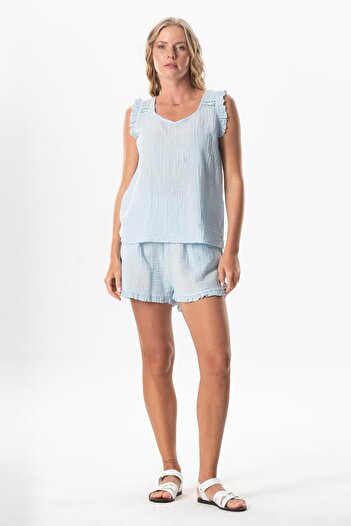 Eliş Şile Bezi Sleeveless Detail Duru Oval Collar Blue Blouse