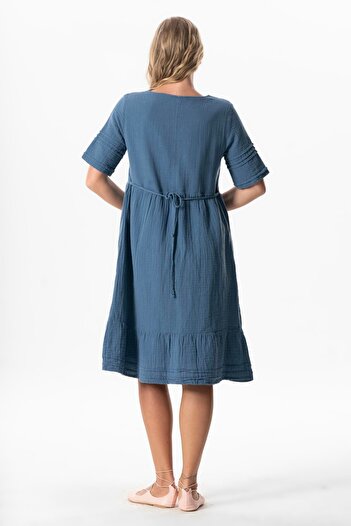 Eliş Şile Bezi Short Sleeve Square Collar Dora Pocket Detailed Midi Length Muslin Summer Dress Indigo Indg