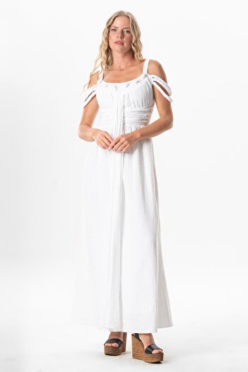 Eliş Şile Bezi Long Muslin Summer Dress with Cleopatra Sleeve Detail and Straps, White Byz