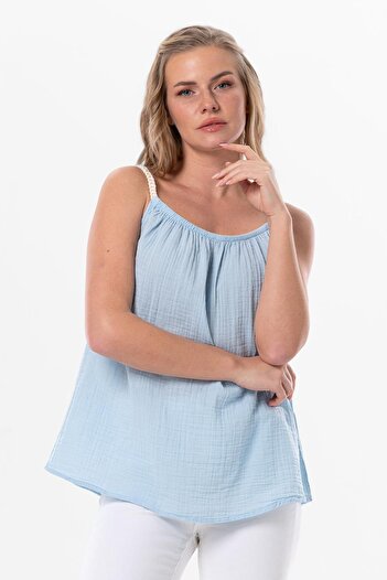 Eliş Şile Bezi Bluză cu bretele Alaçatı Summer Muslin Blue Ice Blue Bmv