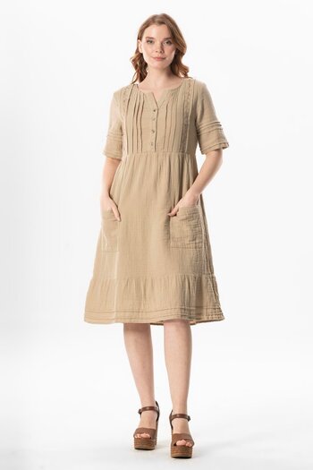 Eliş Şile Bezi Short Sleeve Square Collar Dora Pocket Detailed Midi Length Muslin Summer Dress Mink Vzn