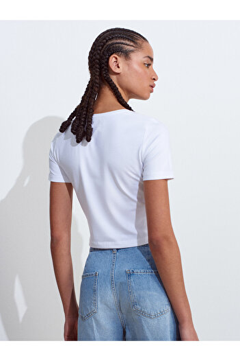 Dilvin 31655 Crew Neck Crop Top-Λευκό