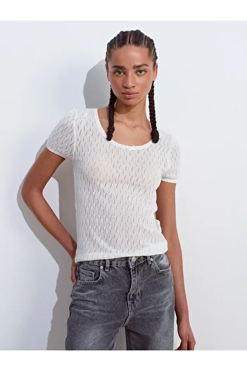 Dilvin 10730 Open Crew Neck Openwork Bow Detailed Thin Knitwear Blouse-Ecru