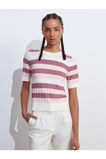 Dilvin 10734 Crew Neck Striped Soft Textured Knitwear Blouse-Pink
