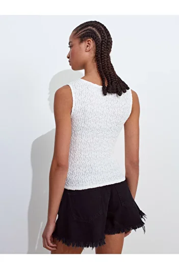 Dilvin 21016 Boat Neck Lace Top-Ecru