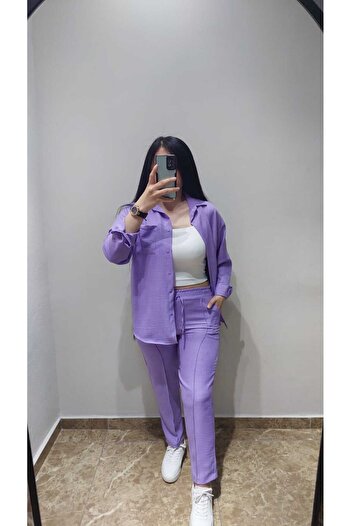 Nida Çelik Collection Gömlekli Lila Keten Takım