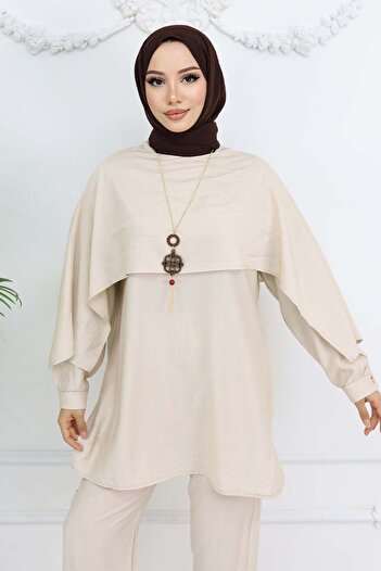 benguen Collar Detailed Hijab Suit with Necklace Stone Color