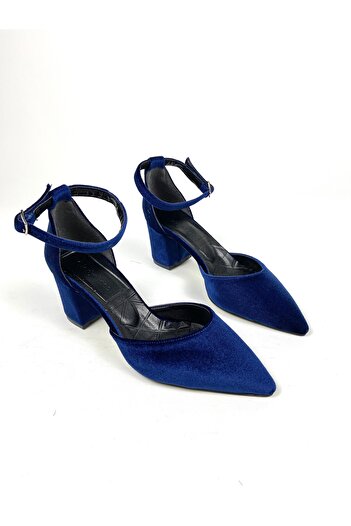 Gloriys Ayakkabı & Çanta Gece mavisi kadife 6 cm kalın topuklu ayakkabı 01403