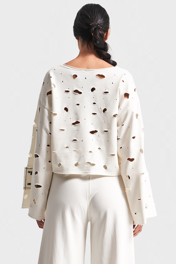 its basic Women's Ecru Color Knitted Fabric Ripped Detailed Design Sweatshirt
