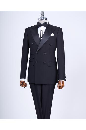 TerziAdemAltun Italian Cut Slim Fit Double Breasted Jacket Pants Groom Suit Set Black T9213