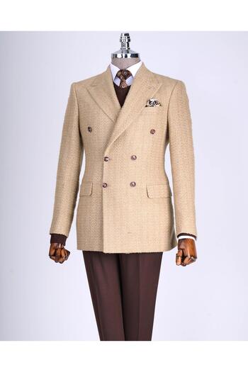 TerziAdemAltun Beige Men's Slim Fit Herringbone Patterned Double Breasted Jacket - T13430