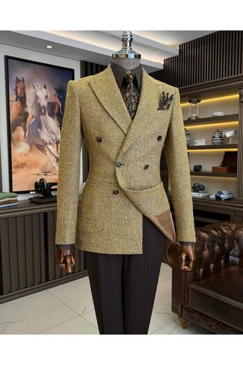 TerziAdemAltun Italian Style Double Breasted Men's Single Jacket Mustard T10893