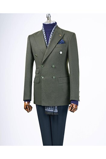 TerziAdemAltun Italian Style Slim Fit Double Breasted Peaked Collar Men's Jacket Khaki T13292