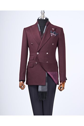 TerziAdemAltun Italian Style Slim Fit Double Breasted Pointed Collar Men's Jacket Burgundy T13293
