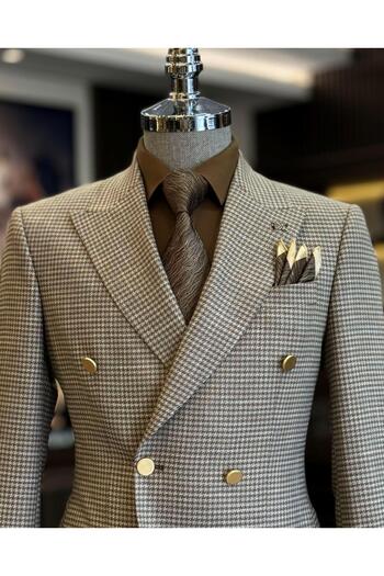 TerziAdemAltun Italian Style Slim Fit Houndstooth Pattern Double Breasted Men's Coat Brown T12558
