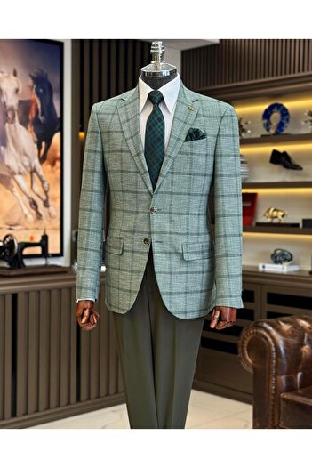 TerziAdemAltun Classic Cut Regular Fit Mono Collar Plaid Men's Jacket Green T12501