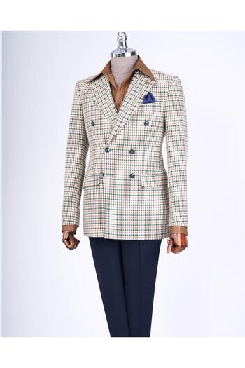 TerziAdemAltun Italian Style Slim Fit Houndstooth Pattern Double Breasted Men's Coat Green T13049