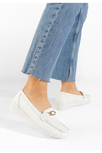 B T Shoes Mocasini dama piele Fahima albi