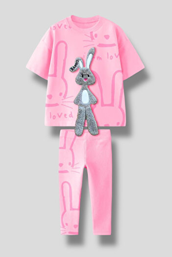 Magu Girls' 3D Rabbit Detail T-Shirt and Patterned Leggings Set – Set of 2, Cotton and Comfortable