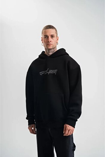 REKA MODA    Unisex Three Thread Hooded Embroidered Sweatshirt - Black