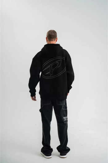 REKA MODA    Unisex Three Thread Hooded Embroidered Sweatshirt - Black