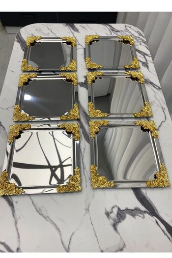 MGEStore 6 Pieces Floral Silver Square Plated Model Tea, Coffee, Catering Serving Presentation Tray 21X21