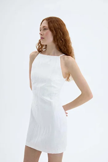 Quzu Ecru Colorful Halter Neckline Textured Mini Dress
