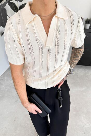 HAFKAGİYİM Ecru Striped Knitwear Relaxed Knitwear Polo Neck T-Shirt