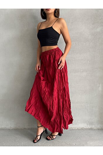 Lusin Women's High Waist Crinkle Model Midi Length Skirt