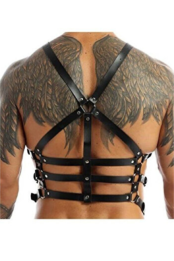 Sweet Demon Men's Leather Harness Belt with Trunk and Back Detail, Adjustable Multi-Layer Body Accessory