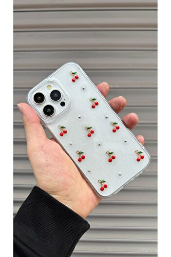 KVK PRİVACY Apple iPhone 16 Pro Max Uyumlu Epoksi Kiraz Desenli Şeffaf Kılıf Simli Darbeye Karşı Dayanıklı Kapak