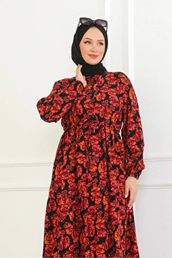 Neva Style Çiçek Desenli Bağlamalı Viskon Elbise - Turuncu