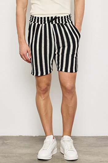 MADZEYMODA Premium Men's Knitted Fabric Ecru-Black Striped Shorts Ls-93065