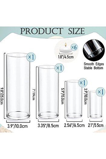 Home Zone Set of 4 Pcs Glass Cylinder Vases for Centrepieces with 6 Pcs White Floating Candles (S+M+L+XL)