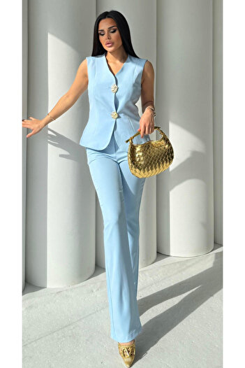 pembekurdelem Women's Gold Button Vest - Pants Suit and Blue Ropa