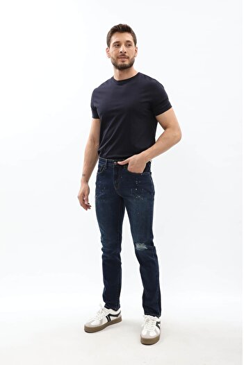 Bluewhite Men's String Ripped Slim Fit Paint Detail Jean Trousers