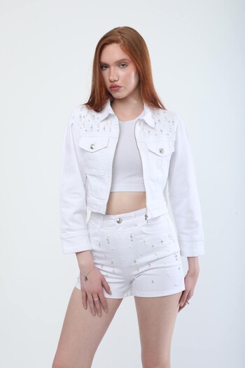 Bluewhite Women's Stone Detailed Zippered Jean Jacket