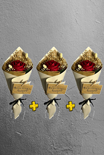 Luxe Floral Bouquet 3Pcs Single Red Velvet Mini Rose Bouquet & Coffee Side Flower & Women's Day & Valentine's Gift
