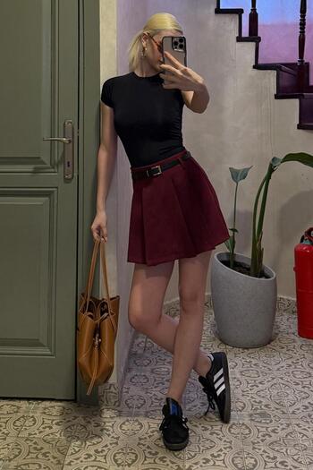 Madmext Burgundy Pleated Women's Mini Shorts Skirt Mg2402