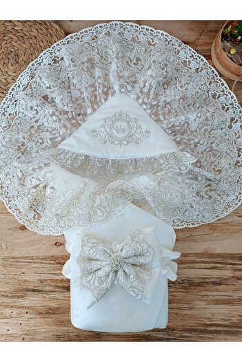 Tomuycuk Ecru Colored 100% Cotton Lace Baby Blanket - Mevlütlük Gift Hospital Discharge Newborn