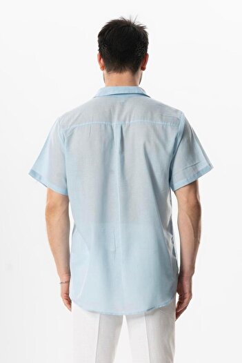 Eliş Şile Bezi Short Sleeve Poplin Mediterranean Men's Summer Shirt Ice Blue Bmv