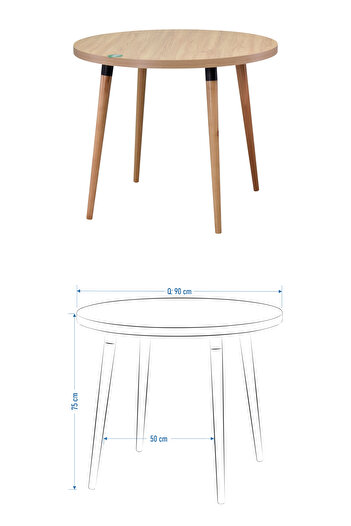 VİLİNZE Deniz Sandalye Argos Naturel Ahşap MDF Yuvarlak Sabit Mutfak Masası Takımı - 90x90 cm