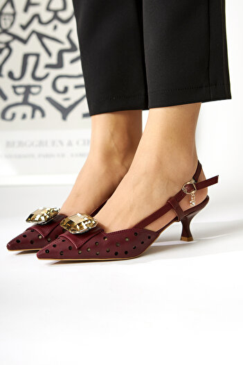 Limoya Ela Burgundy Pointed Toe Laser Cut Stone Women's Heeled Shoes