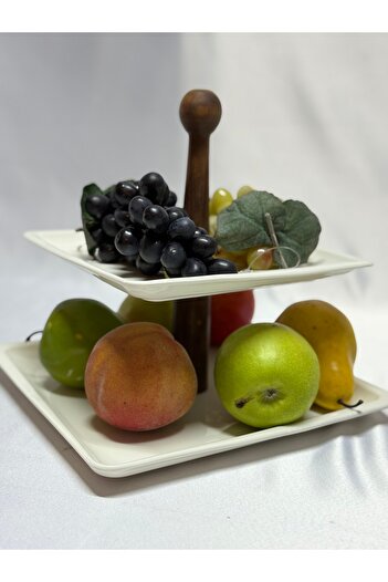 Aless 2 Tier Design Wooden Handle Porcelain Presentation Bowl Fruit Bowl Snack Bowl