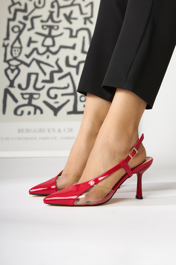 Limoya Aliah Red Patent Leather Pointed Toe Transparent Detailed Thin Heeled Women's Shoes