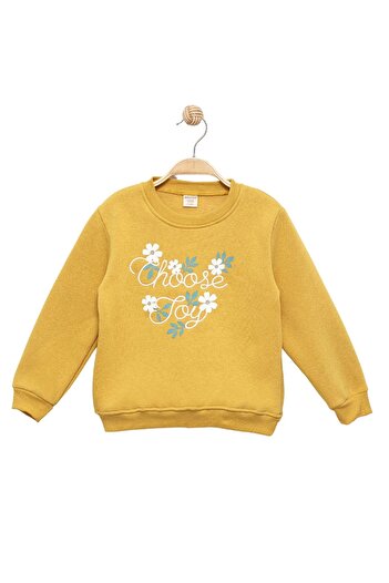Divonette Girl's Embroidery and Printed Mustard Sweatshirt - Girl's Clothing
