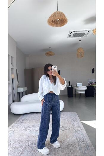 Buket Teke Blue Leopard Print Silk Satin Trousers