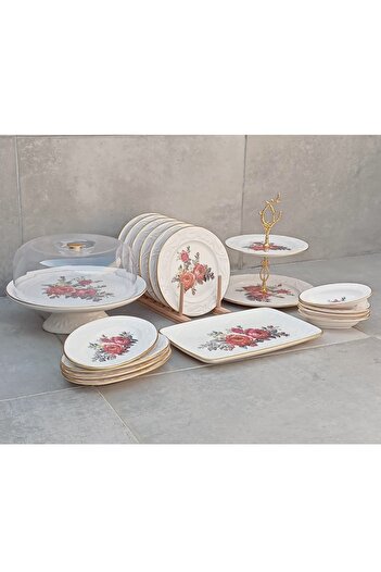 Pinkev 19 Piece Ceramic Cake Presentation Plate Set for 6 People