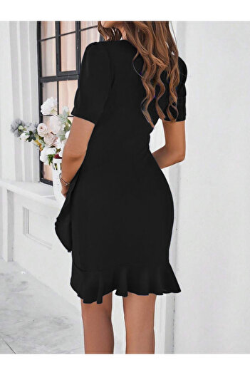 buğrahayalin Women's Short Sleeve Crew Neck Front Ruffle Gathered Janjan Crepe Short Dress