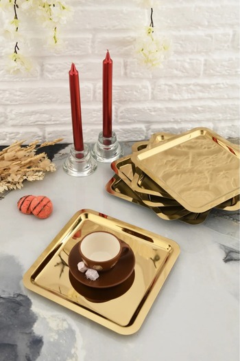 HELVACIOĞLU AKSESUAR 6-Piece Stainless Metal Tea, Coffee Presentation Tray Gold